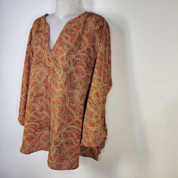 Michael Kors Top Women Size XL Orange Gold Chain Link Logo 3/4 Tie Sleeve V Neck - Picture 4 of 9